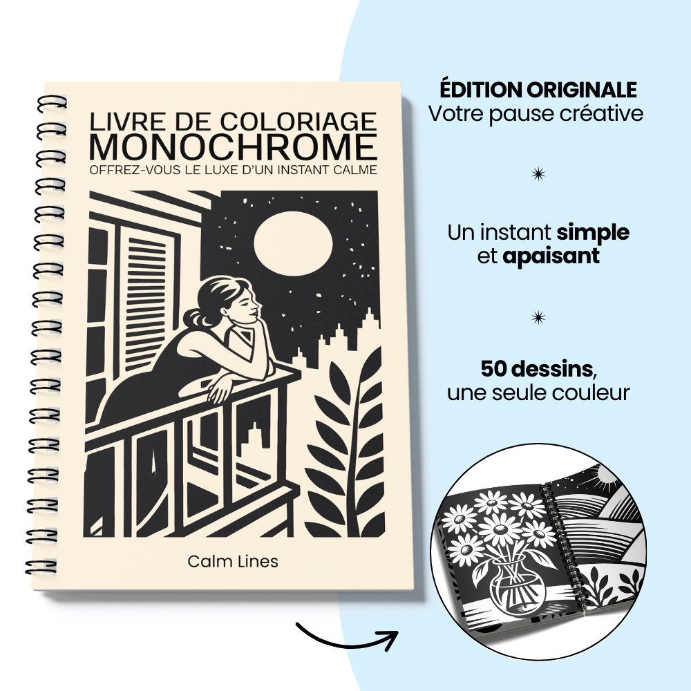 Livre de coloriage monochrome — retrouver le calme et la sérénité