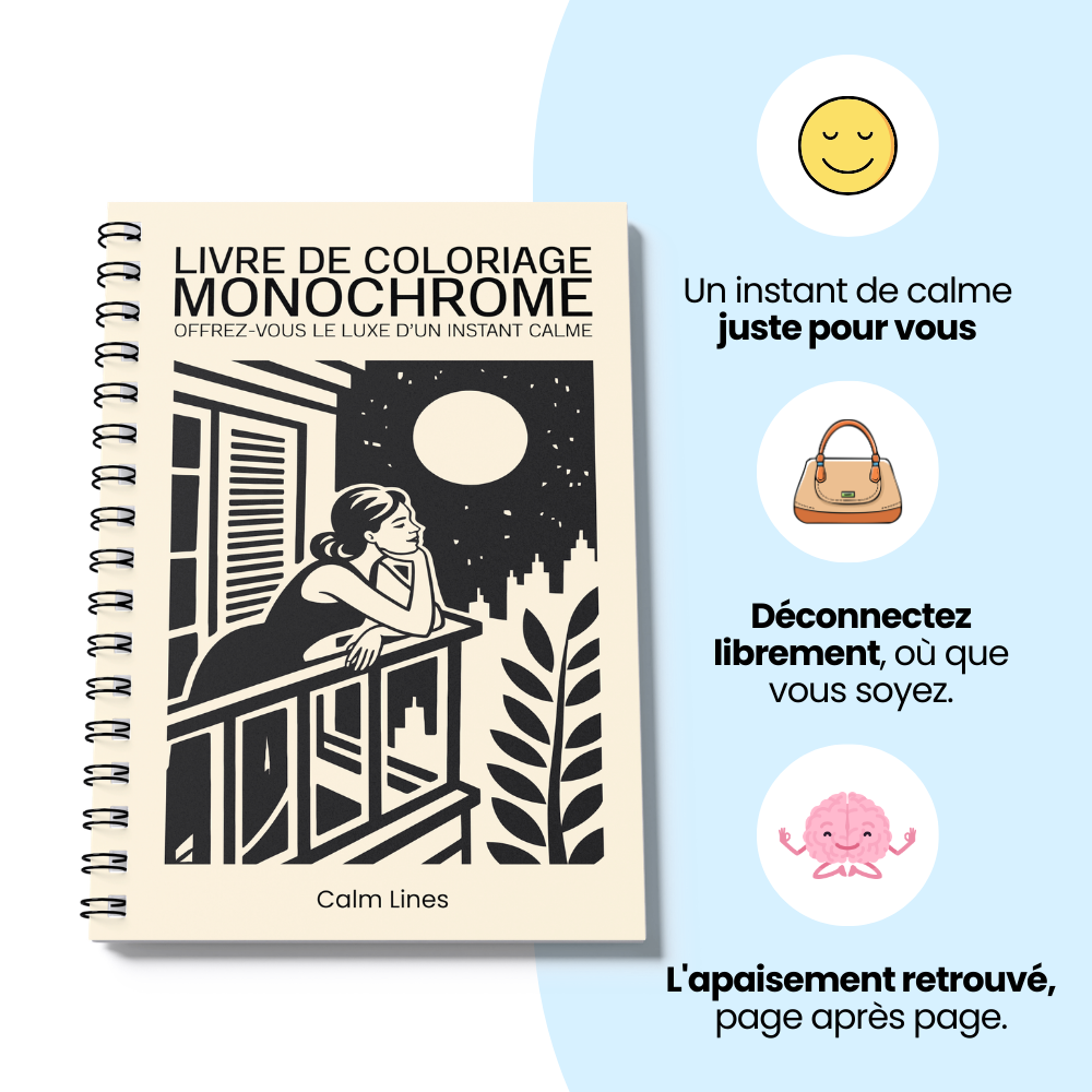 Livre de coloriage monochrome — retrouver le calme et la sérénité